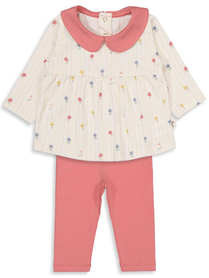 Civil Baby Çizgili Çiçek Empirme Bebe Yaka 6-18 Ay Takım - Pembe