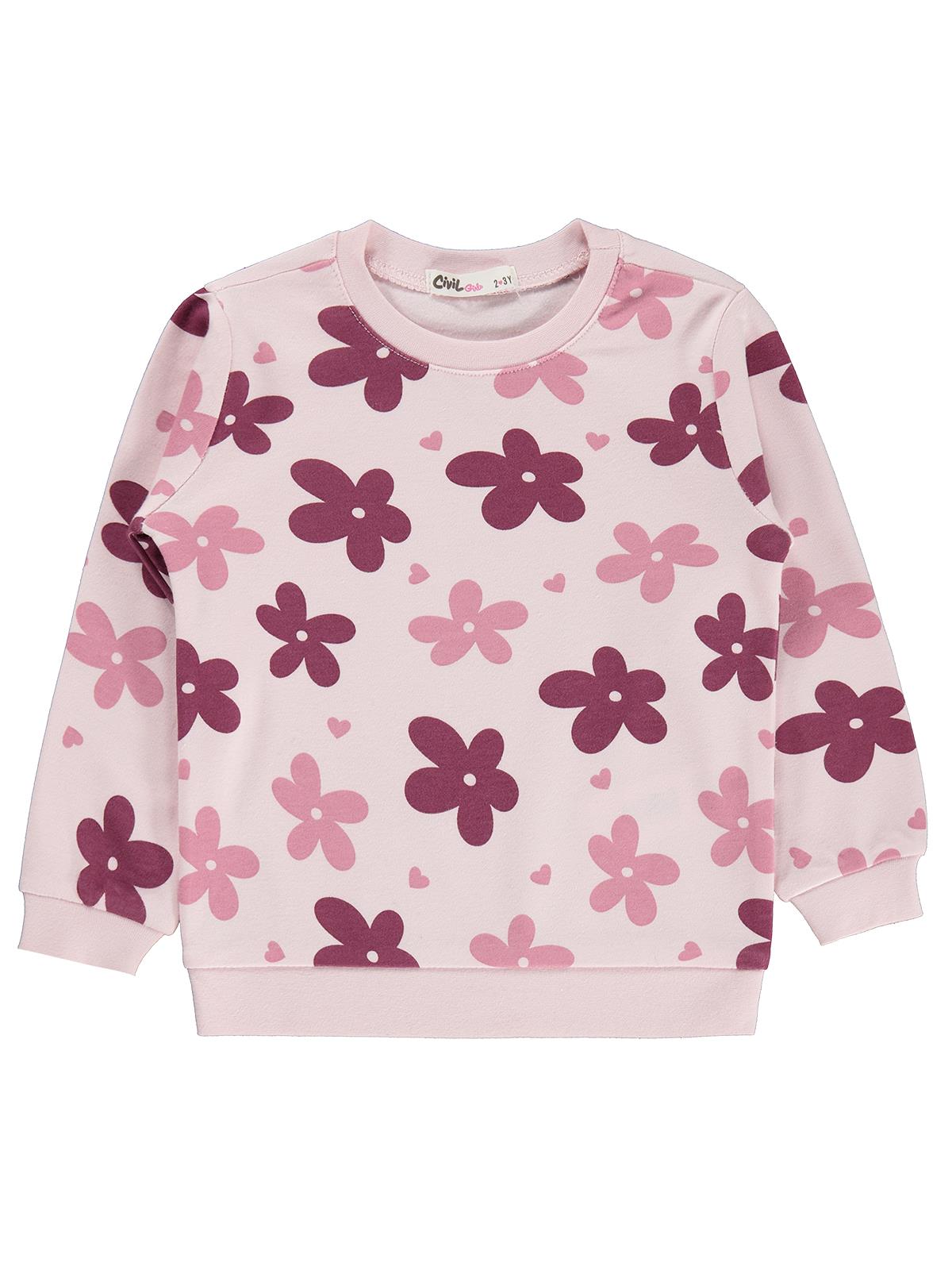 Civil Kız Çocuk Büyük Çiçek Desenli Sweatshirt | İnterlok Uzun Kol | Okul Kreş ve Günlük Kullanım - Pembe