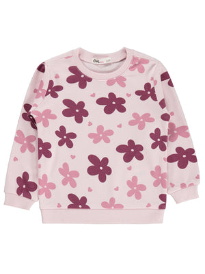 Civil Kız Çocuk Büyük Çiçek Desenli Sweatshirt | İnterlok Uzun Kol | Okul Kreş ve Günlük Kullanım - Pembe