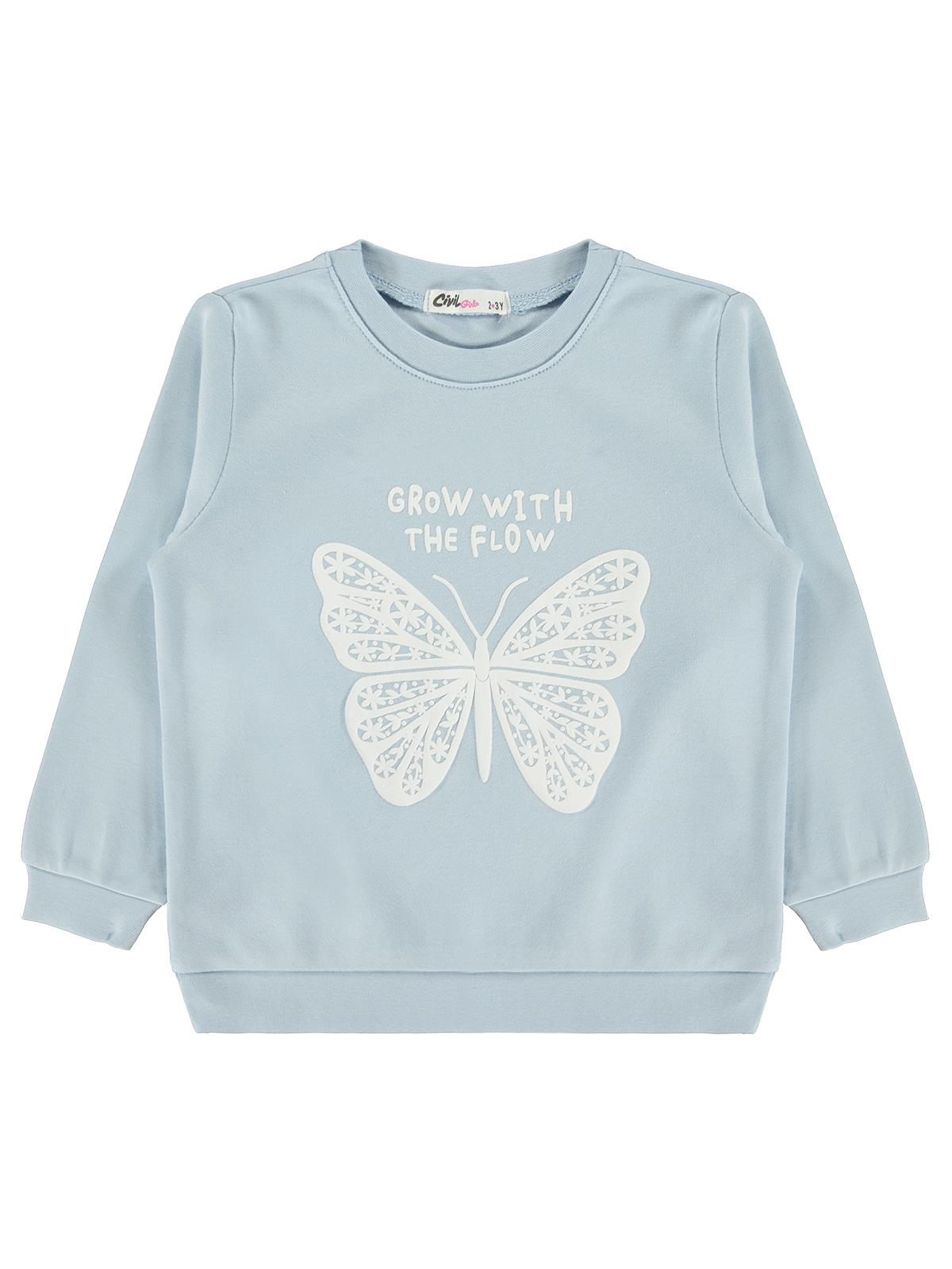 Civil Kız Çocuk Kelebek Baskılı Sweatshirt Km | İnterlok Uzun Kol | Okul Kreş ve Günlük Kullanım - Mavi