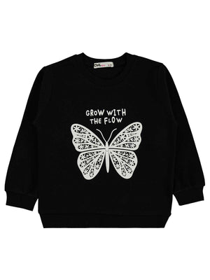 Civil Kız Çocuk Kelebek Baskılı Sweatshirt Km | İnterlok Uzun Kol | Okul Kreş ve Günlük Kullanım - Siyah