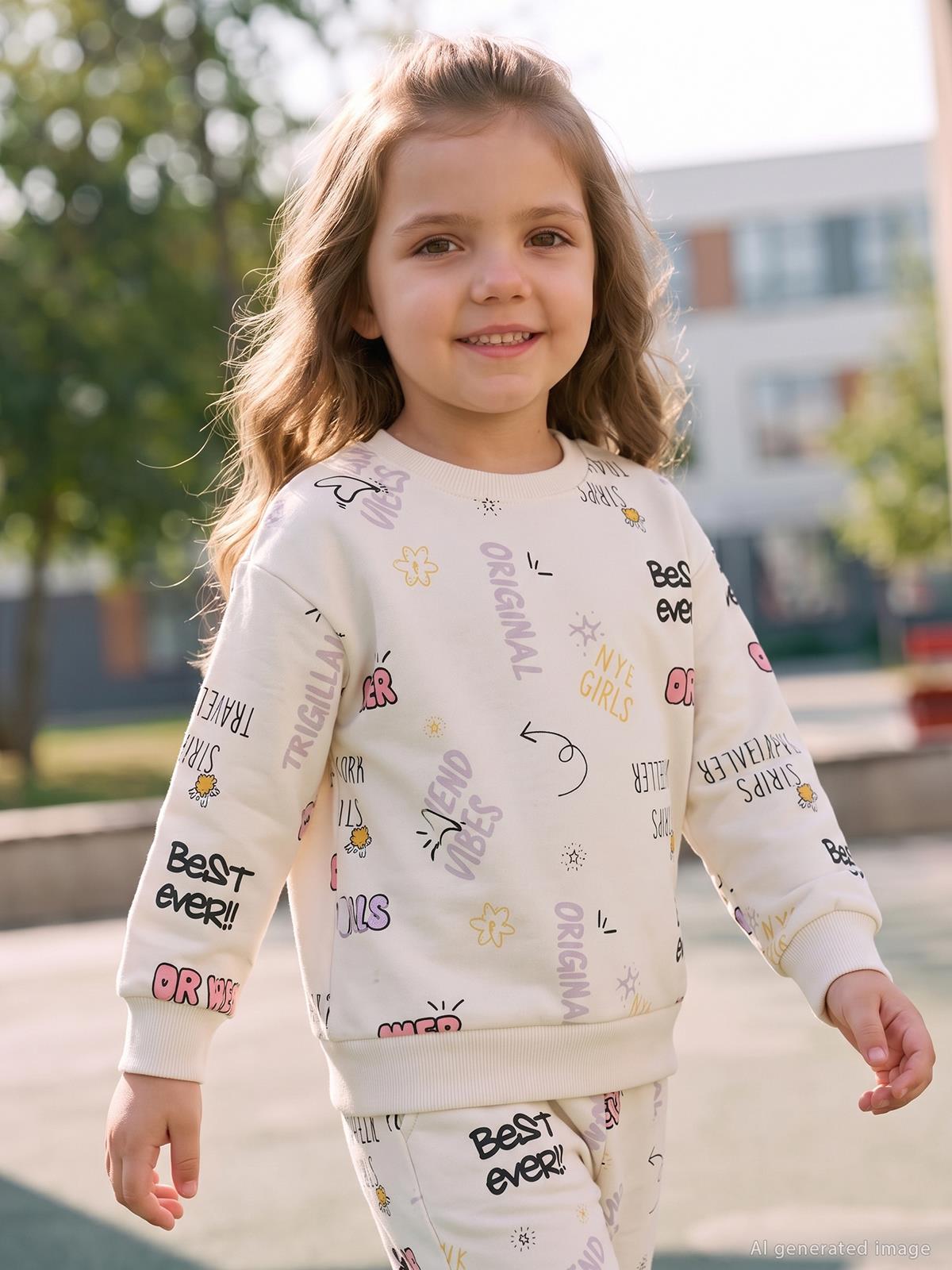 Civil Kız Çocuk Best Ever Baskılı Sweatshirt | 2 İp Uzun Kol | Okul Kreş ve Günlük Kullanım - Ekru