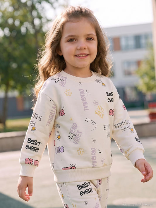 Civil Kız Çocuk Best Ever Baskılı Sweatshirt | 2 İp Uzun Kol | Okul Kreş ve Günlük Kullanım - Ekru