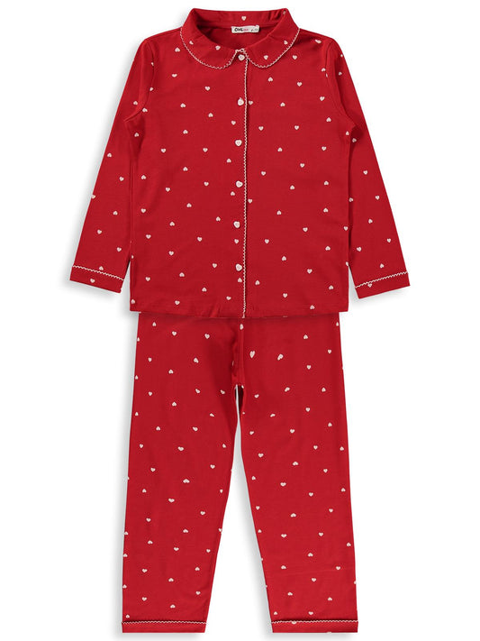 Civil Girls Kız Çocuk Kalpli Pijama Takımı | Süprem Uzun Kol | Okul Kreş ve Günlük Kullanım - Kırmızı