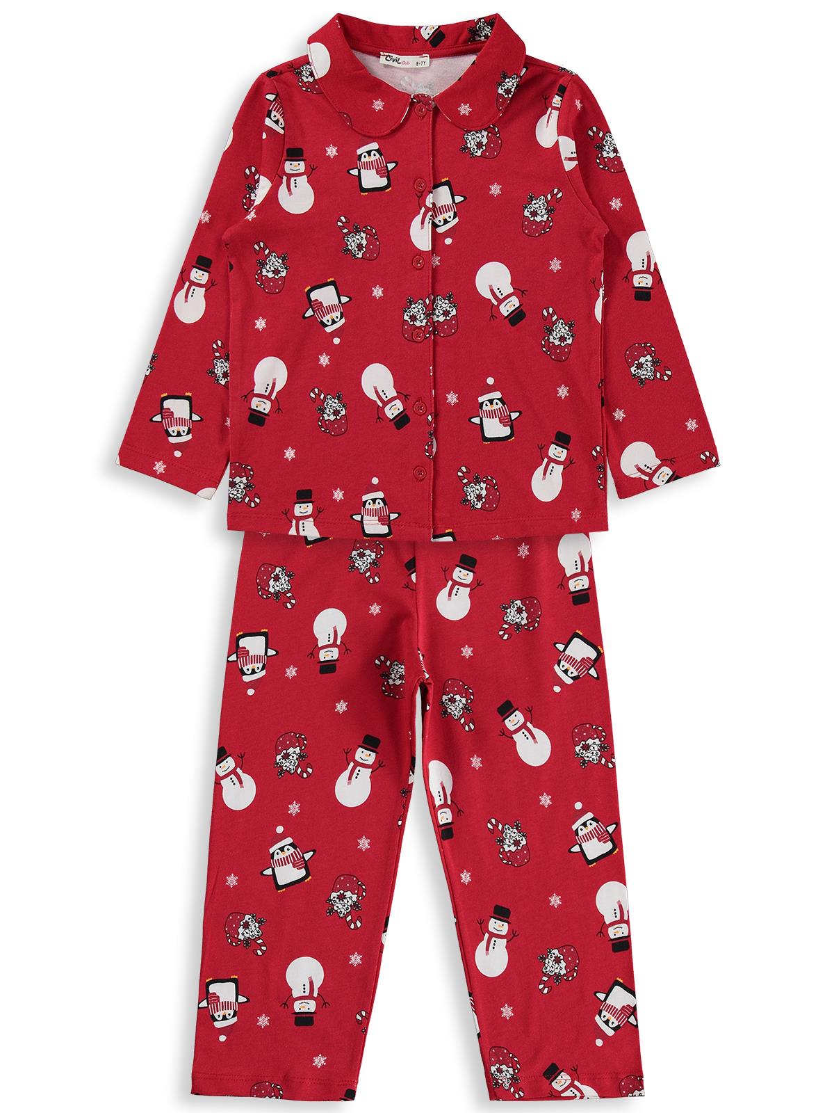 Civil Girls Kardan Adam Baskılı 6-9 Yaş Pijama Takımı - Kırmızı