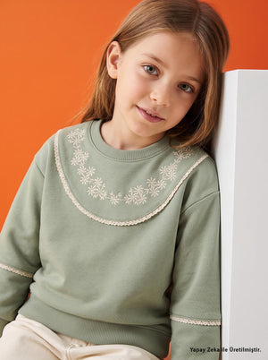 Civil Girls Çiçek Nakışlı 6-9 Yaş Sweatshirt - Haki
