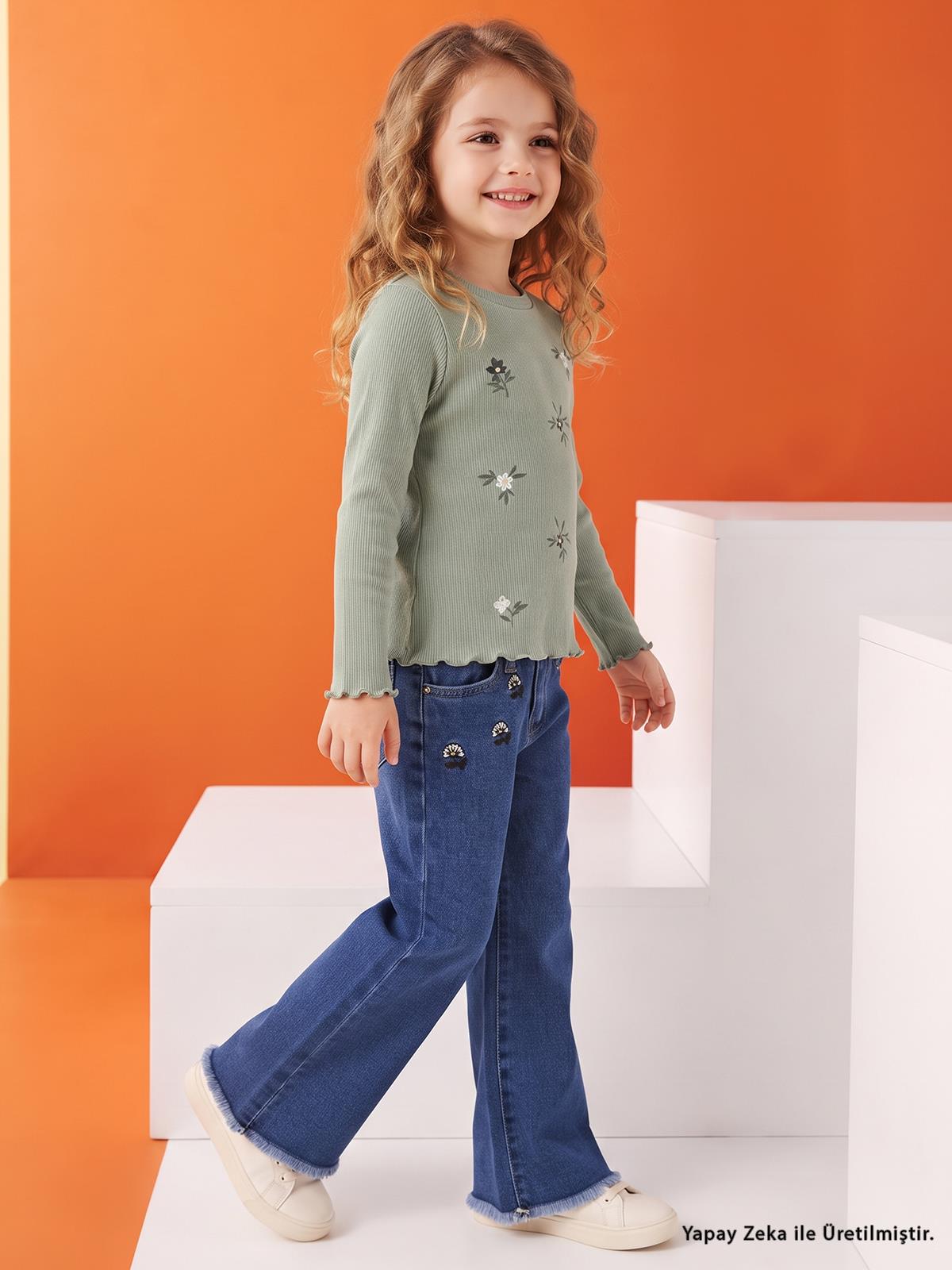 Civil Girls Çiçek Nakışlı 2-5 Yaş Pantolon - Mavi