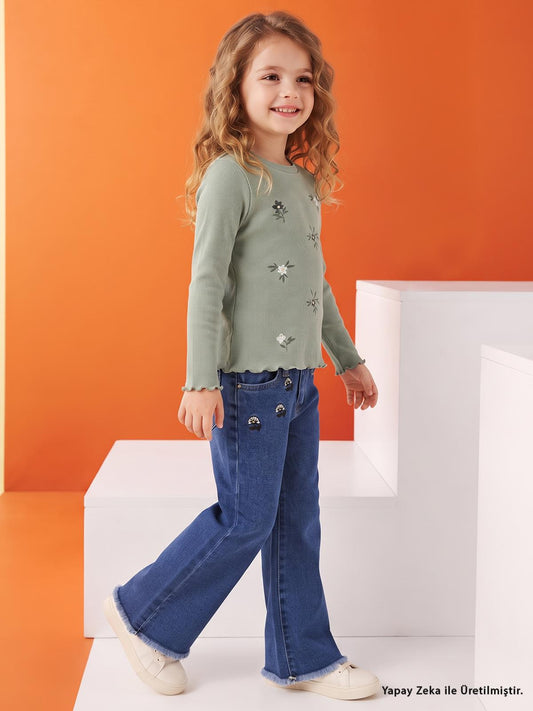 Civil Girls Çiçek Nakışlı 2-5 Yaş Pantolon - Mavi