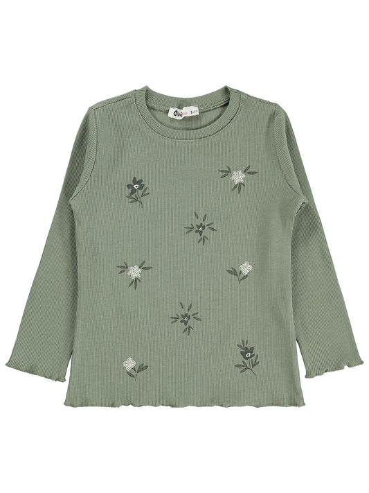 Civil Kız Çocuk Çiçek Baskılı Sweatshirt | Kaşkorse Uzun Kol | Okul Kreş ve Günlük Kullanım - Haki