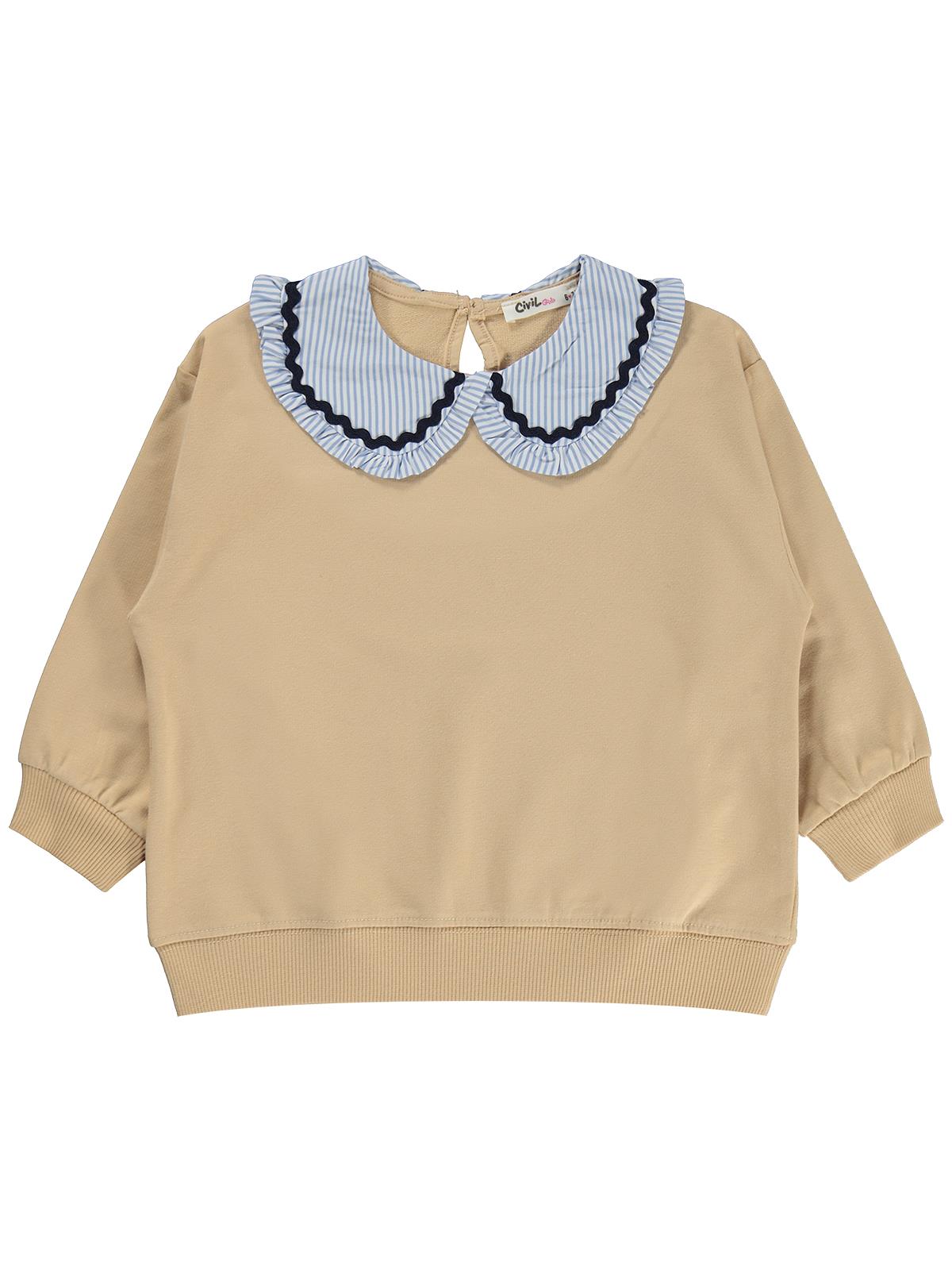 Civil Kız Çocuk Yakası Fırfırlı Sweatshirt | 2 İp Uzun Kol Bebe Yaka | Okul Kreş ve Günlük Kullanım - Bej