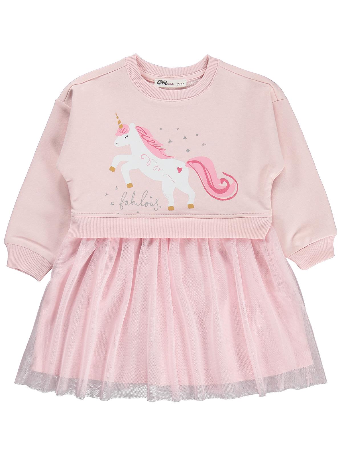 Civil Girls Unicorn Baskılı Tül Etekli 2-5 Yaş Elbise - Pembe