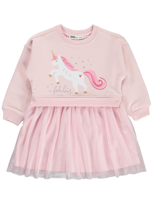Civil Girls Unicorn Baskılı Tül Etekli 2-5 Yaş Elbise - Pembe