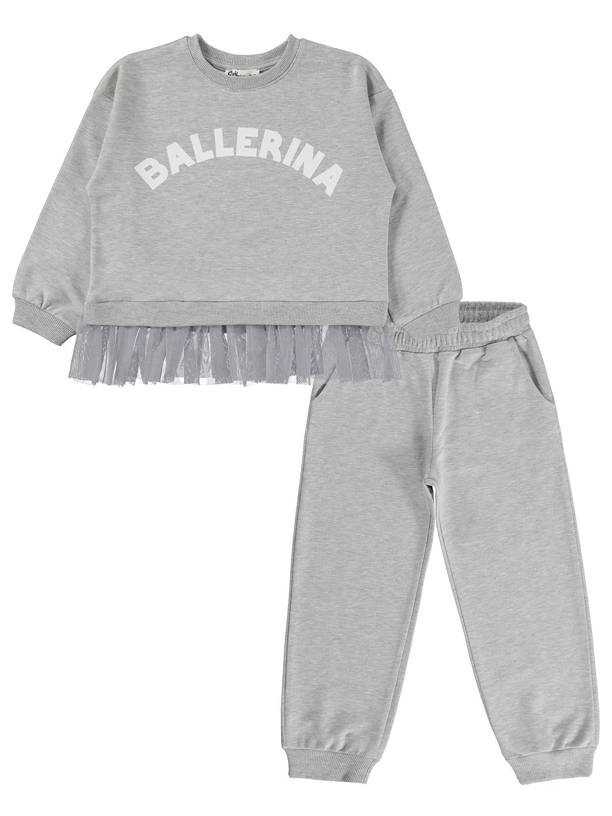 Civil Kız Çocuk Ballerina Baskılı Eşofman Takımı | 2 İp - 2 İp | Okul Kreş ve Günlük Kullanım - Gri