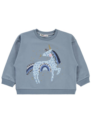 Civil Kız Çocuk Unicorn Baskılı Sweatshirt | 2 İp Uzun Kol | Okul Kreş ve Günlük Kullanım - Mavi