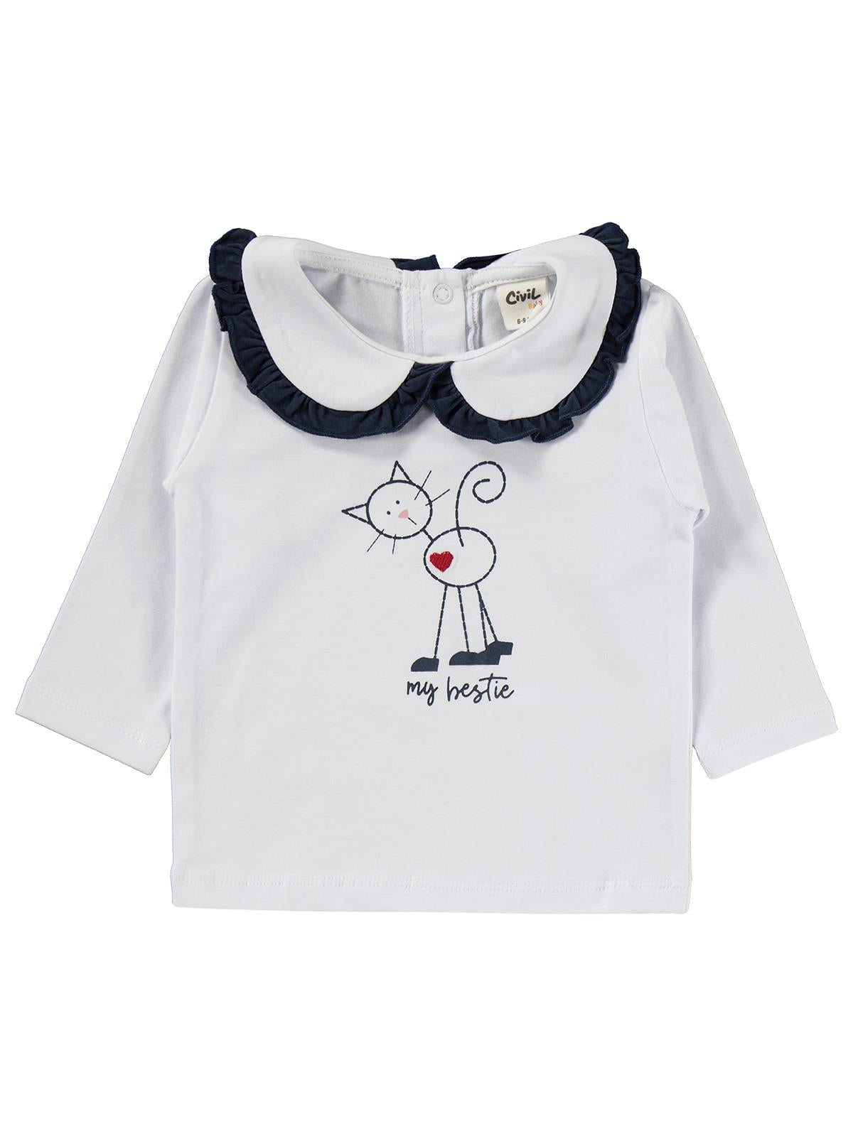 Civil Baby Kedi Baskı Nakışlı 6-18 Ay Takım - Beyaz