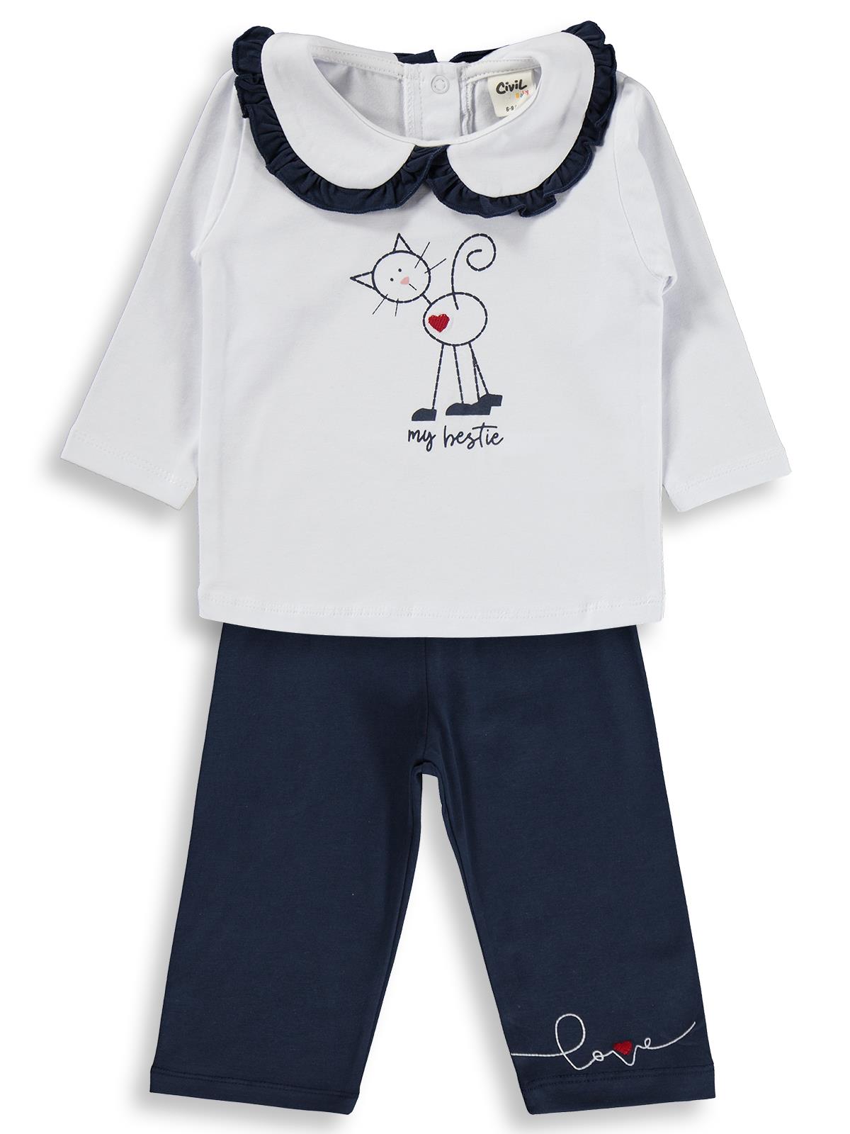Civil Baby Kedi Baskı Nakışlı 6-18 Ay Takım - Beyaz