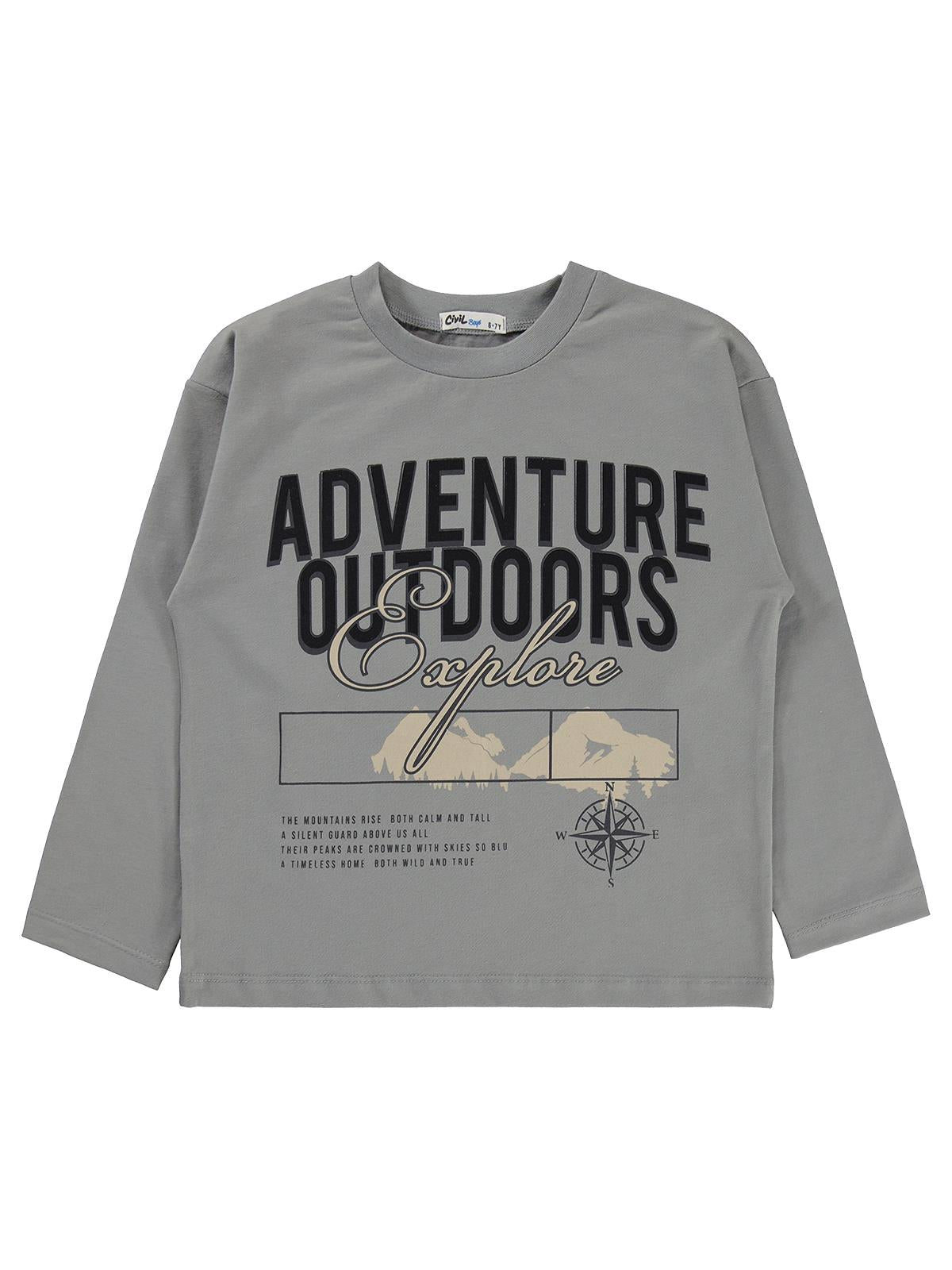 Civil Boys Erkek Çocuk Adventure Baskılı Sweatshirt Km | Süprem Uzun Kol | Okul Kreş ve Günlük Kullanım - Gri