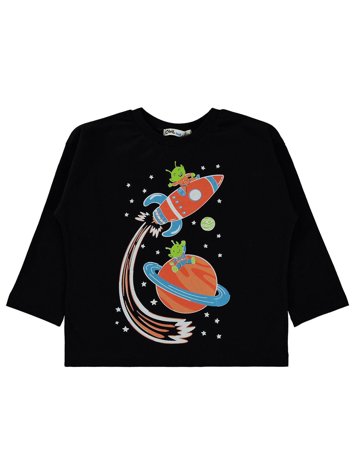 Civil Erkek Çocuk Uzay Temalı Baskılı Sweatshirt Km | Süprem Uzun Kol | Okul Kreş ve Günlük Kullanım - Siyah