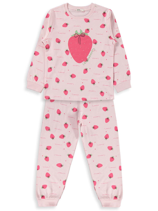 Civil Girls Kız Çocuk Çilek Desenli Pijama Takımı | Süprem-Süprem Uzun Kol | Okul Kreş ve Günlük Kullanım - Pudra