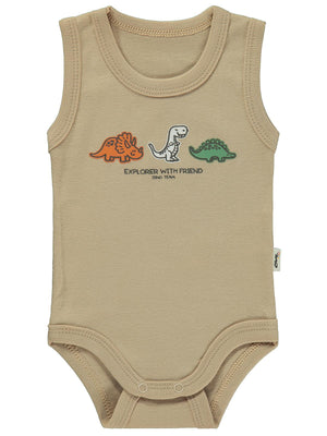 Civil Baby Dinozor Arkadaşlar Baskılı 0-3 Yaş Çıtçıtlı Badi - Kahverengi