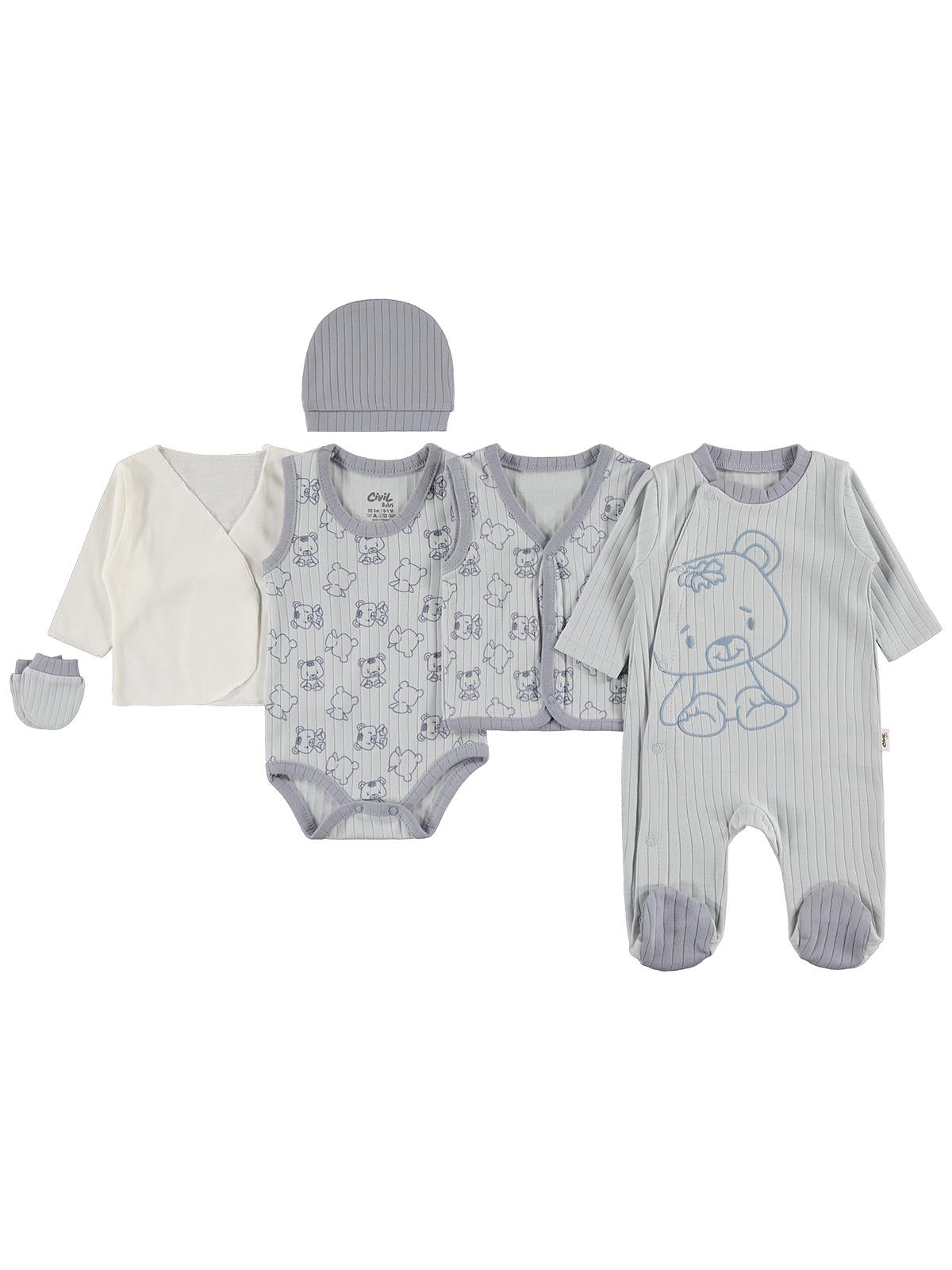 Civil Baby Ayı Baskılı 6lı  Zıbın Takımları - Mavi
