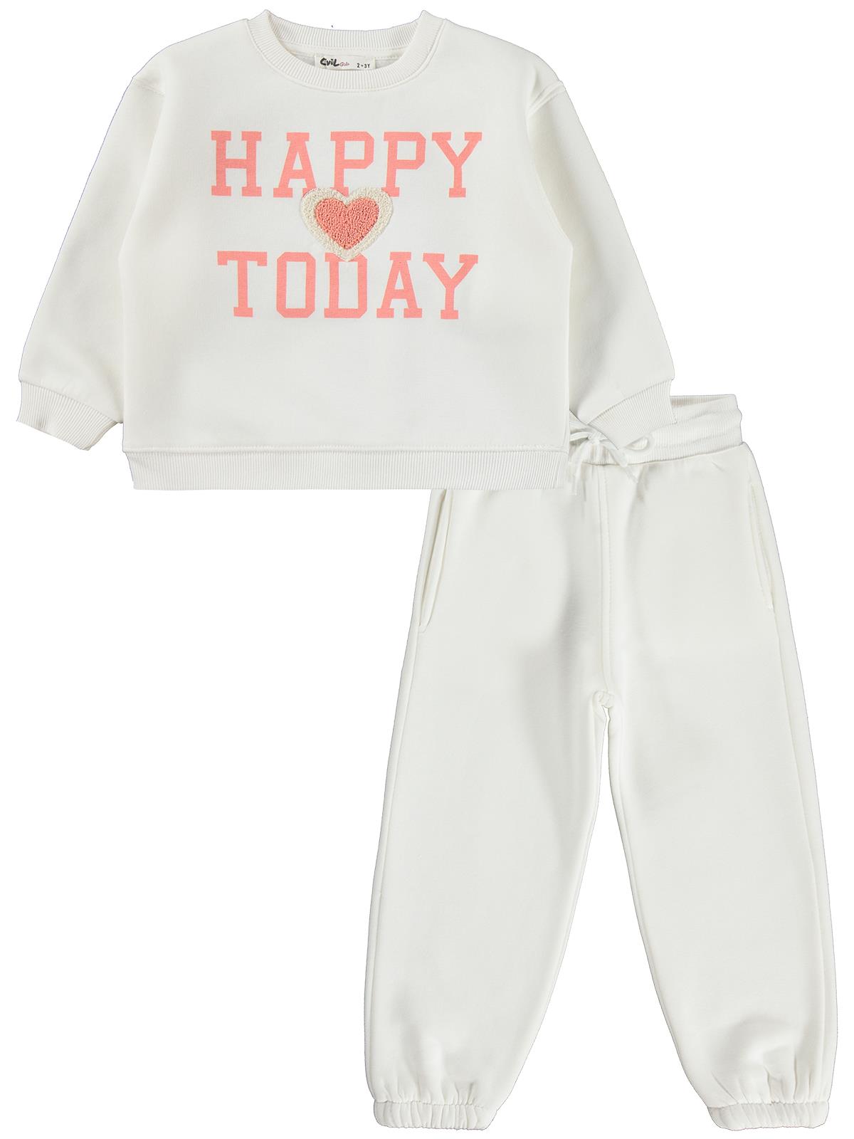 Civil Girls Happy Baskılı 2-5 Yaş Eşofman Takımı - Ekru
