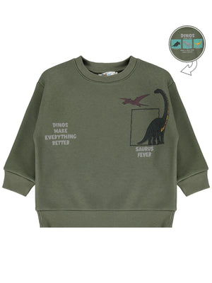 Civil Erkek Çocuk Dınos Baskılı Sweatshirt | 3 İp Uzun Kol | Okul Kreş ve Günlük Kullanım - Haki