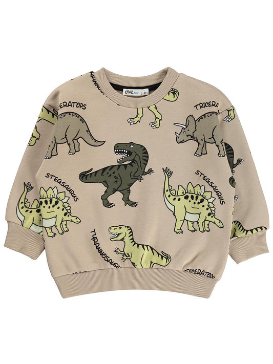Civil Erkek Çocuk Dınosaur Empirme Sweatshirt | 3 İp Uzun Kol | Okul Kreş ve Günlük Kullanım - Bej