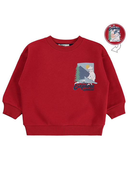 Civil Boys Erkek Çocuk Explore Baskılı Sweatshirt | 3 İp Uzun Kol | Okul Kreş ve Günlük Kullanım - Kırmızı