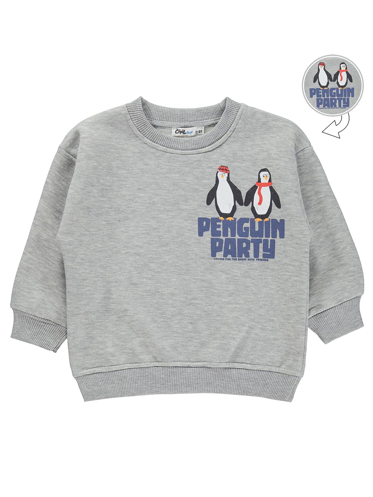 Civil Erkek Çocuk Penguın Party Baskılı Sweatshirt | 3 İp Uzun Kol | Okul Kreş ve Günlük Kullanım - Gri