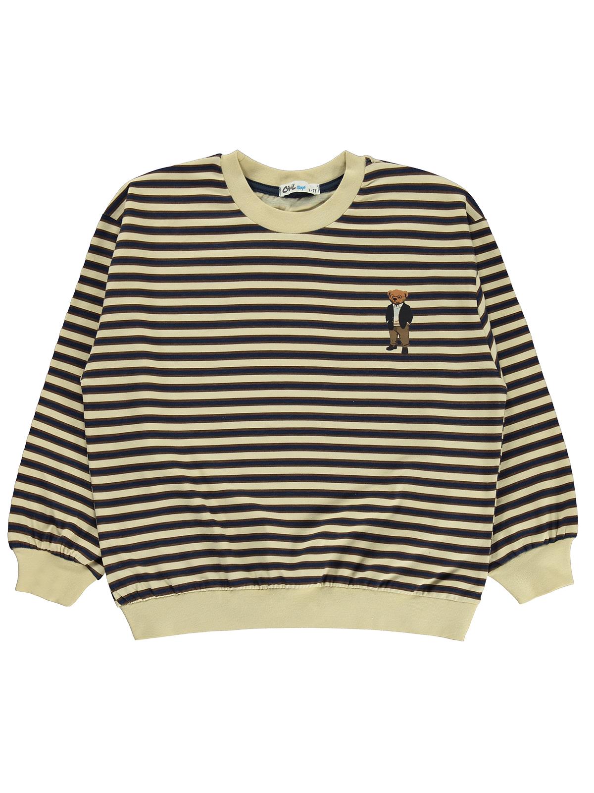 Civil Boys Çizgili Ayı Baskılı 6-9 Yaş Sweatshirt - Bej