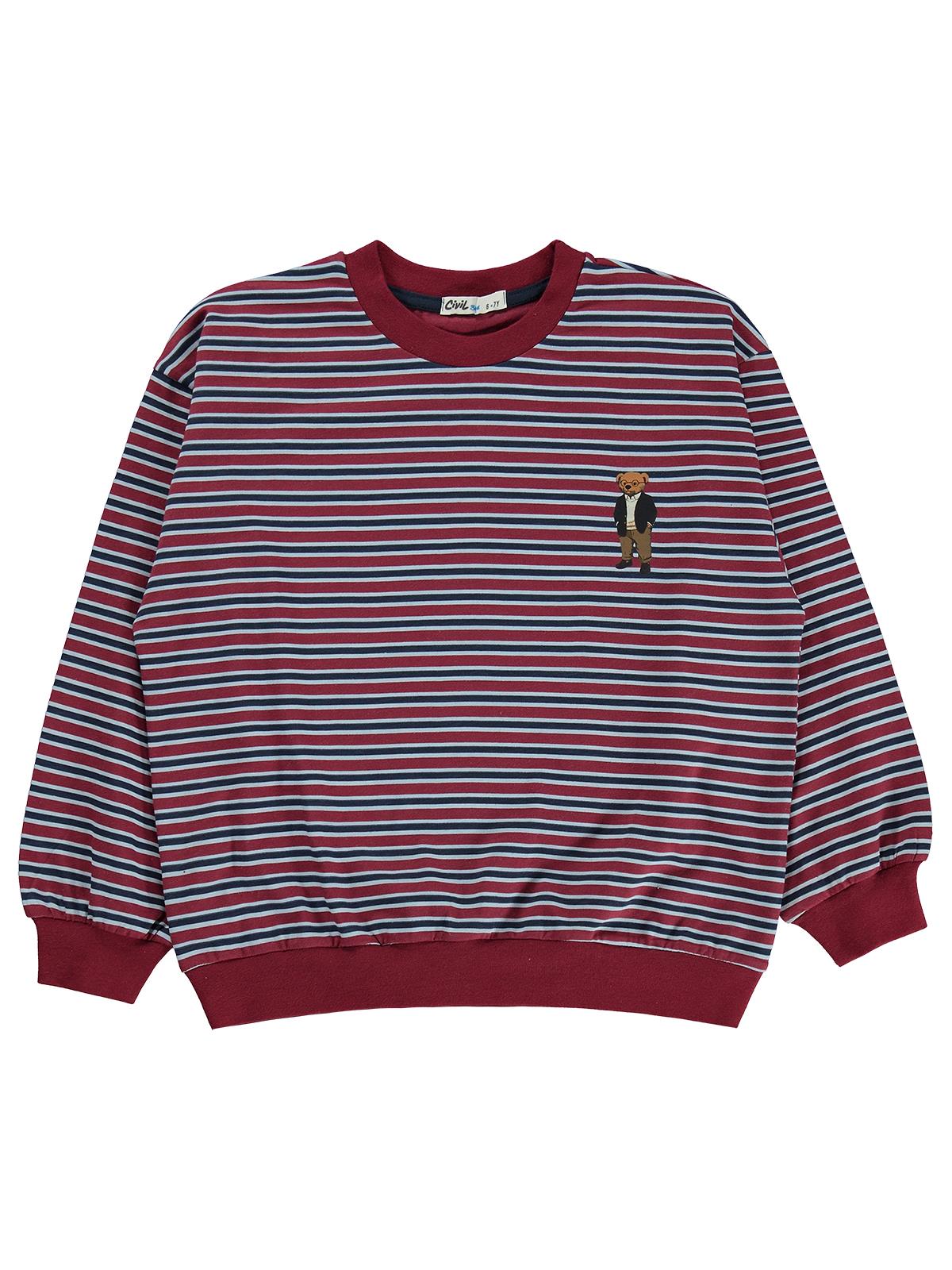 Civil Boys Çizgili Ayı Baskılı 10-13 Yaş Sweatshirt - Bordo
