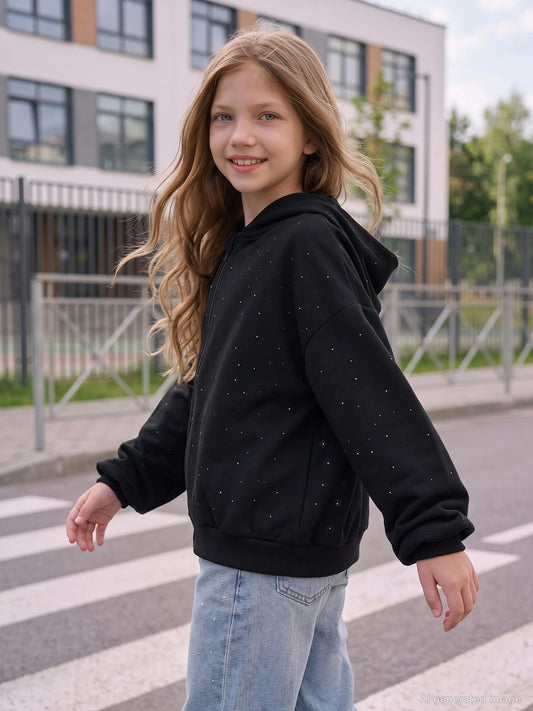 Civil Girls Kız Çocuk Taş Baskılı Hırka | Oysho Uzun Kol Kapşonlu Baskılı | Okul Kreş ve Günlük Kullanım - Siyah