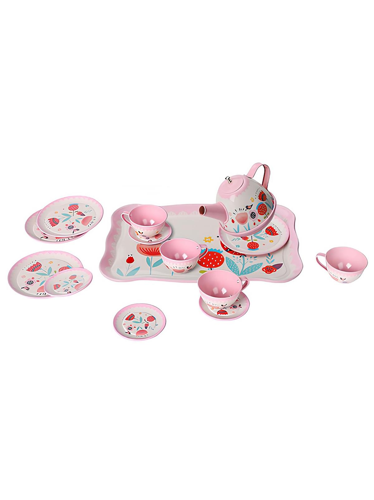 Vardem 15 Parça Çiçek Desenli Metal Çay Seti - Pembe