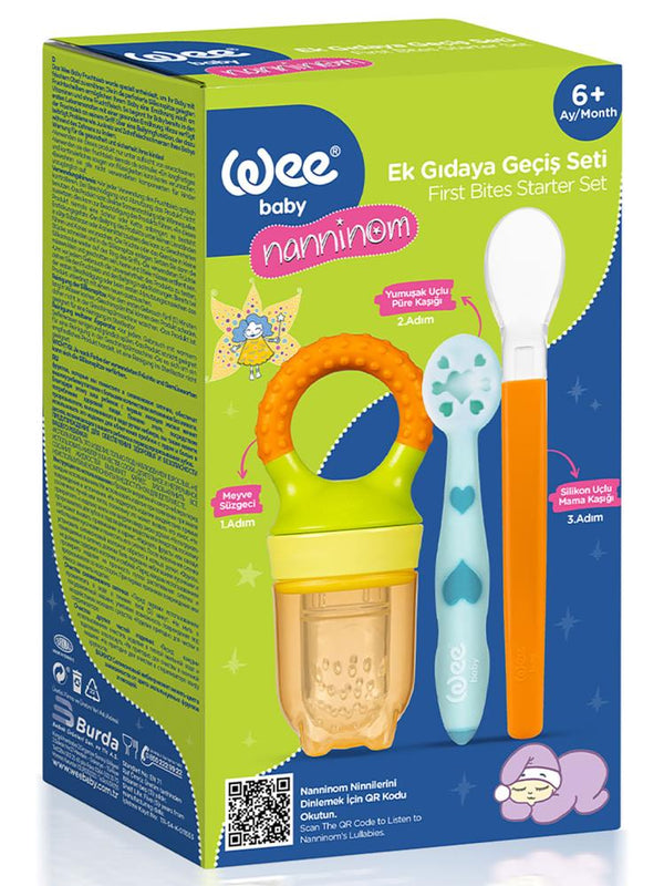Wee Baby Nanninom ek gıdaya Geçiş Seti (Turuncu meyve süzgeci + 122 Silikon uçlu Turuncu Kaşık + Turkuaz Püre Kaşığı)