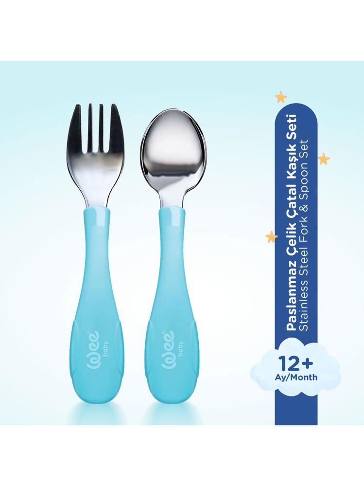 Wee Baby Paslanmaz Çelik Kaşık Çatal Seti - Mavi