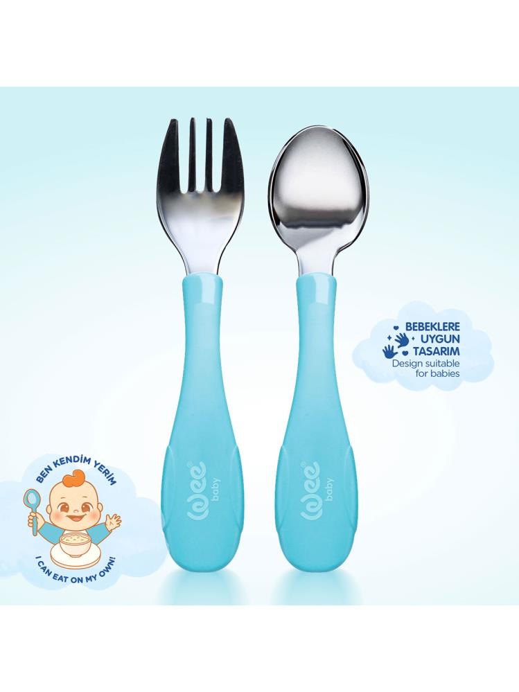 Wee Baby Paslanmaz Çelik Kaşık Çatal Seti - Mavi