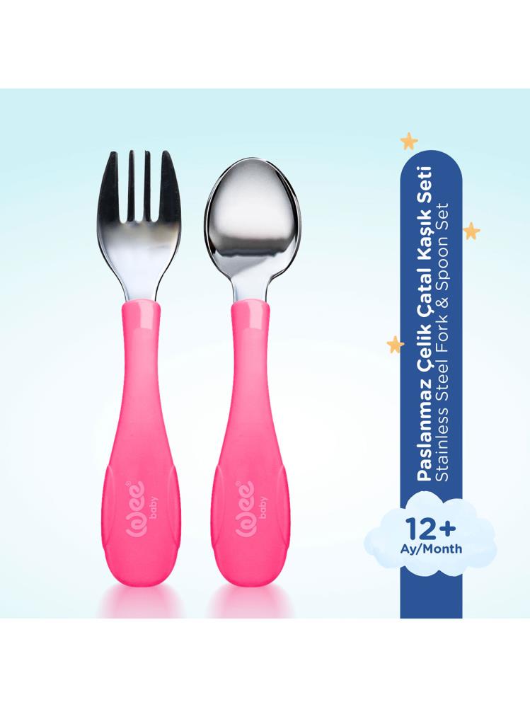 Wee Baby Paslanmaz Çelik Kaşık Çatal Seti - Pembe