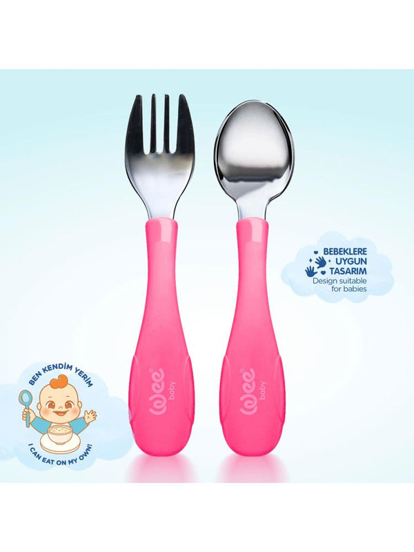 Wee Baby Paslanmaz Çelik Kaşık Çatal Seti - Pembe