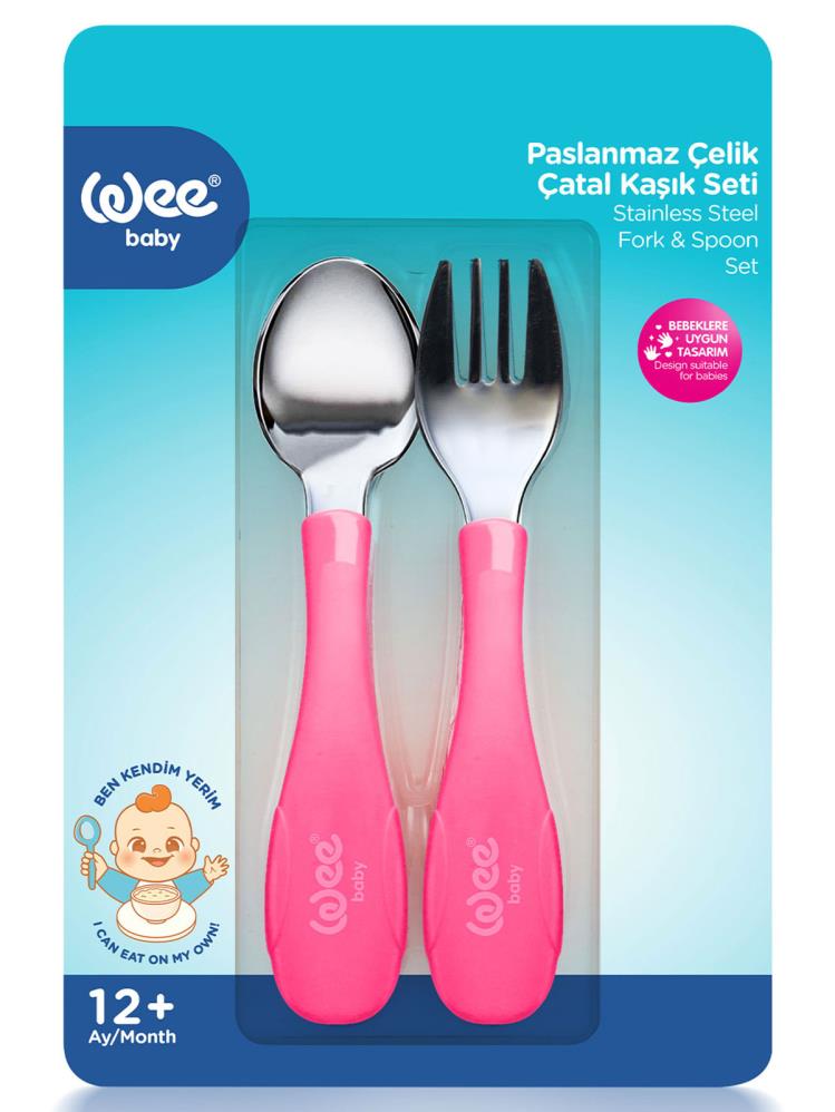 Wee Baby Paslanmaz Çelik Kaşık Çatal Seti - Pembe