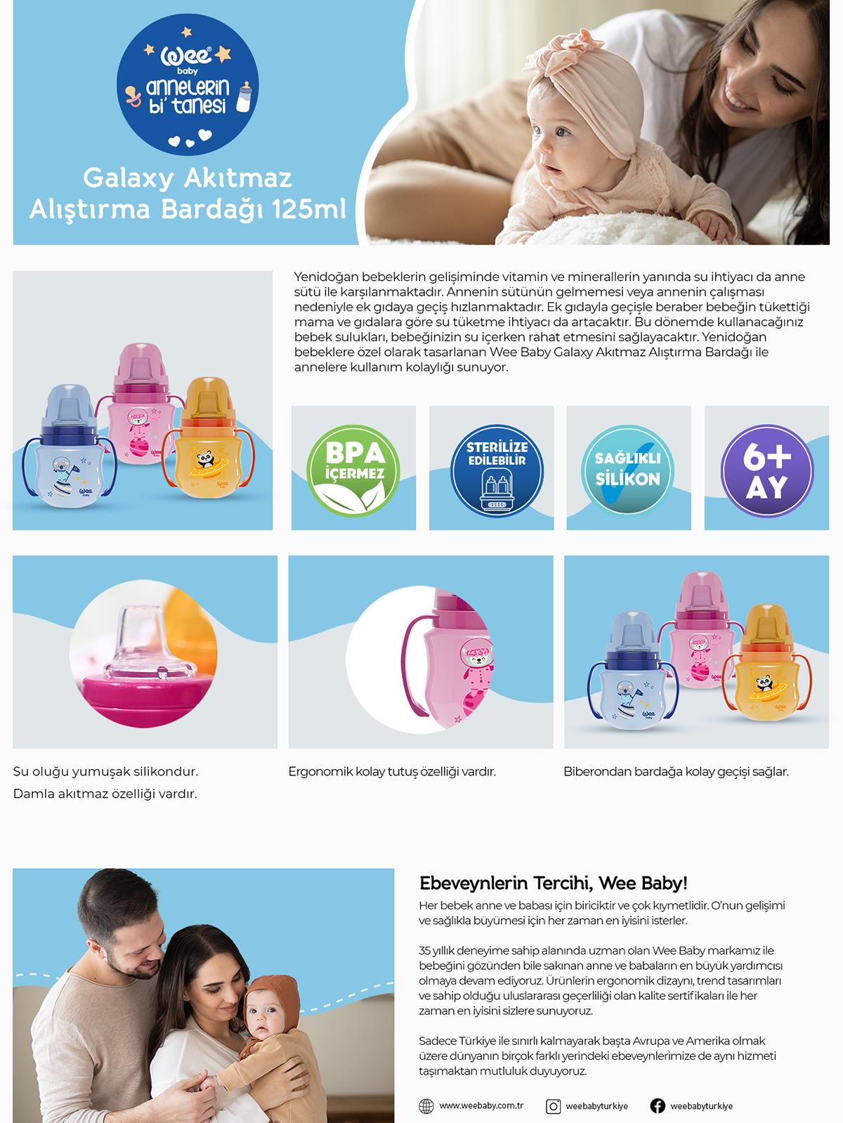 Wee Baby Antıkolok Akıtmaz Kuplı Bardak 125 cc - Mavi