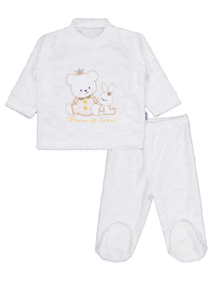 Minidamla Kız Ayı Tavşan Nakış Patikli 2Li Pijama Takım 1-6 Ay - Ekru