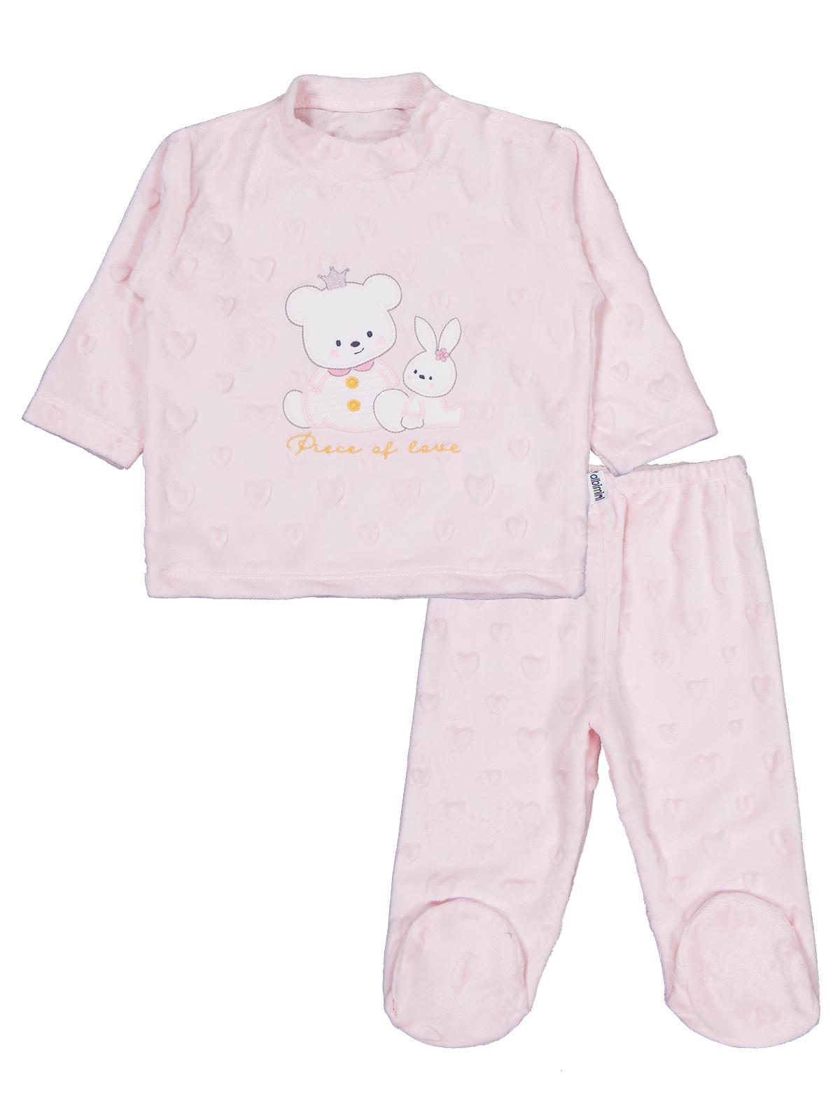 Albimini Kız Ayı Tavşan Nakış Patikli 2Li Pijama Takım 1-6 Ay - Pembe