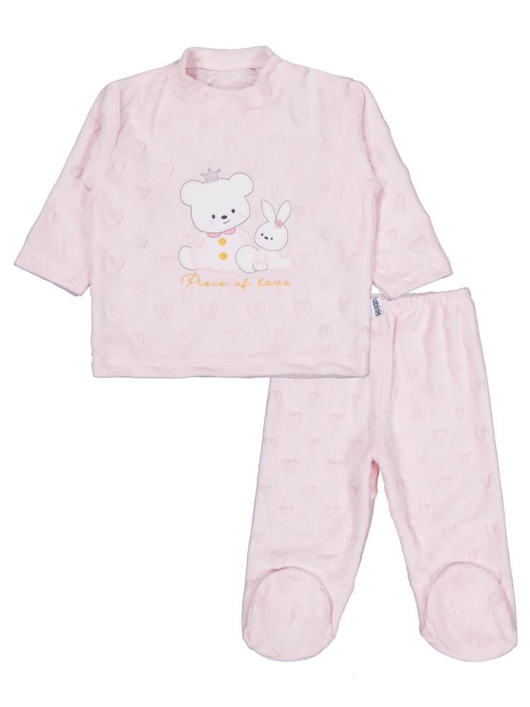 Minidamla Kız Ayı Tavşan Nakış Patikli 2Li Pijama Takım 1-6 Ay - Pembe