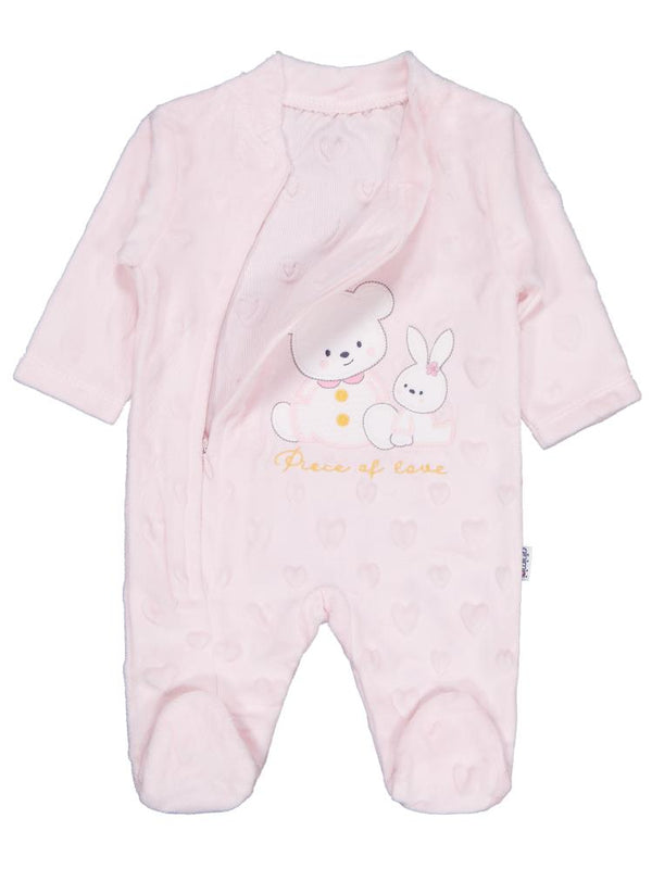 Minidamla Kız Ayı Tavşan Nakış Fermuarlı 1-6 Ay Tulum - Pembe