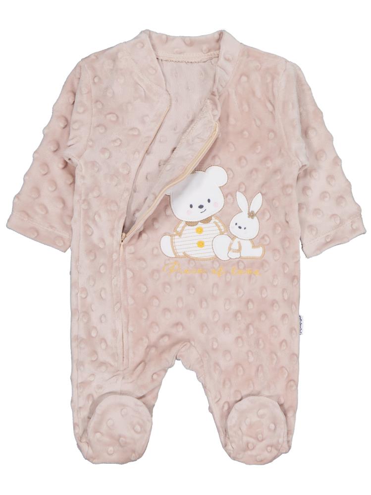 Minidamla Kız Ayı Tavşan Nakış Fermuarlı 1-6 Ay Tulum - Kahverengi