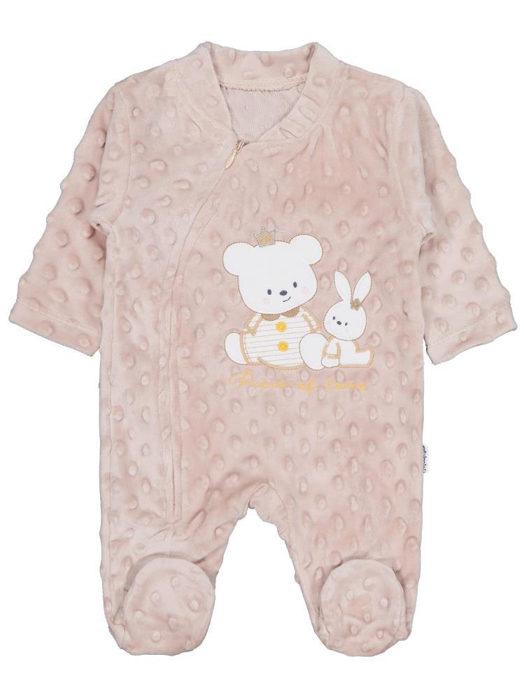 Minidamla Kız Ayı Tavşan Nakış Fermuarlı 1-6 Ay Tulum - Kahverengi