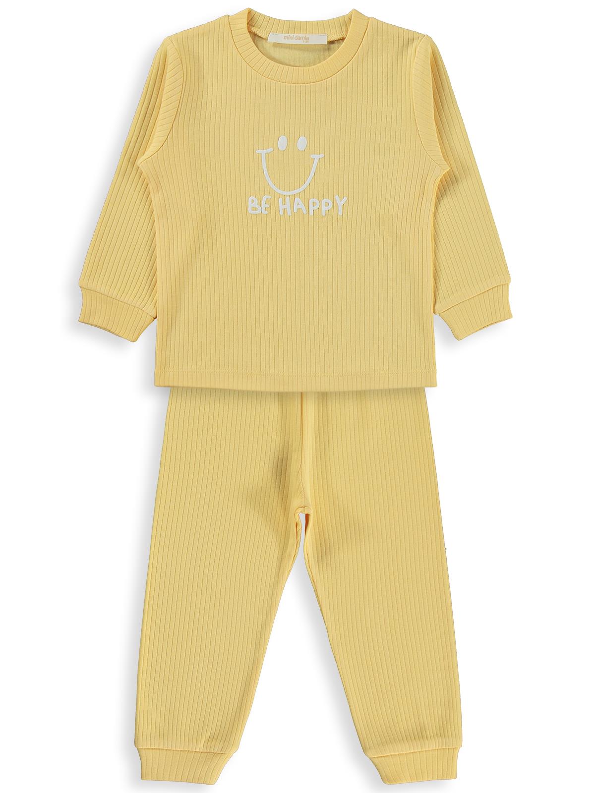 Minidamla Gülen Yüz Baskılı Pijama Takımı | İnterlok Uzun Kol | Okul Kreş ve Günlük Kullanım - Sarı