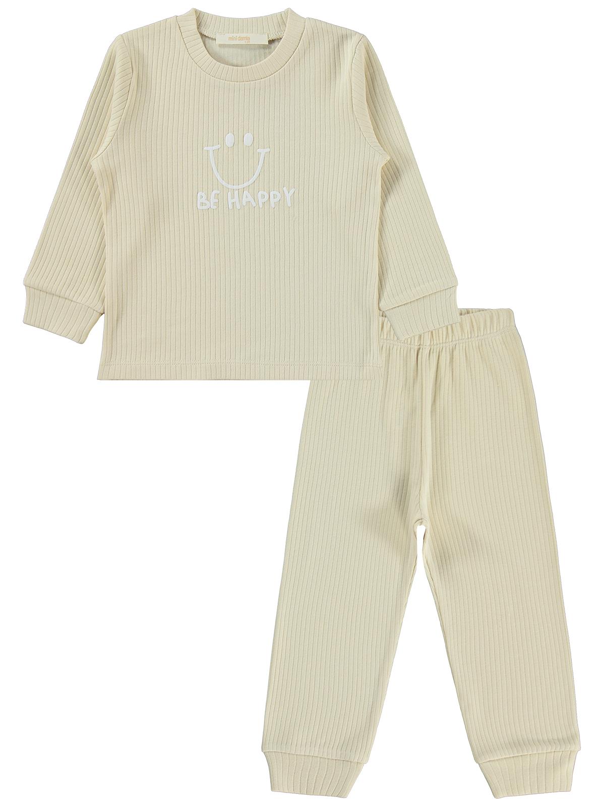 Minidamla Gülen Yüz Baskılı 1-7 Yaş Pijama Takımı - Bej