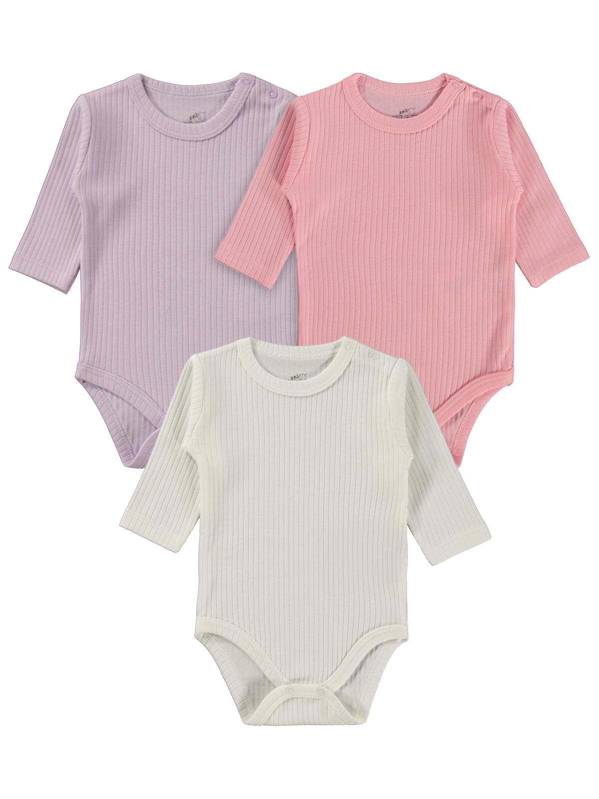 Minidamla Uzun Kol Basic 3'lü set 1-18 Ay Çıtçıtlı Badi - Pembe
